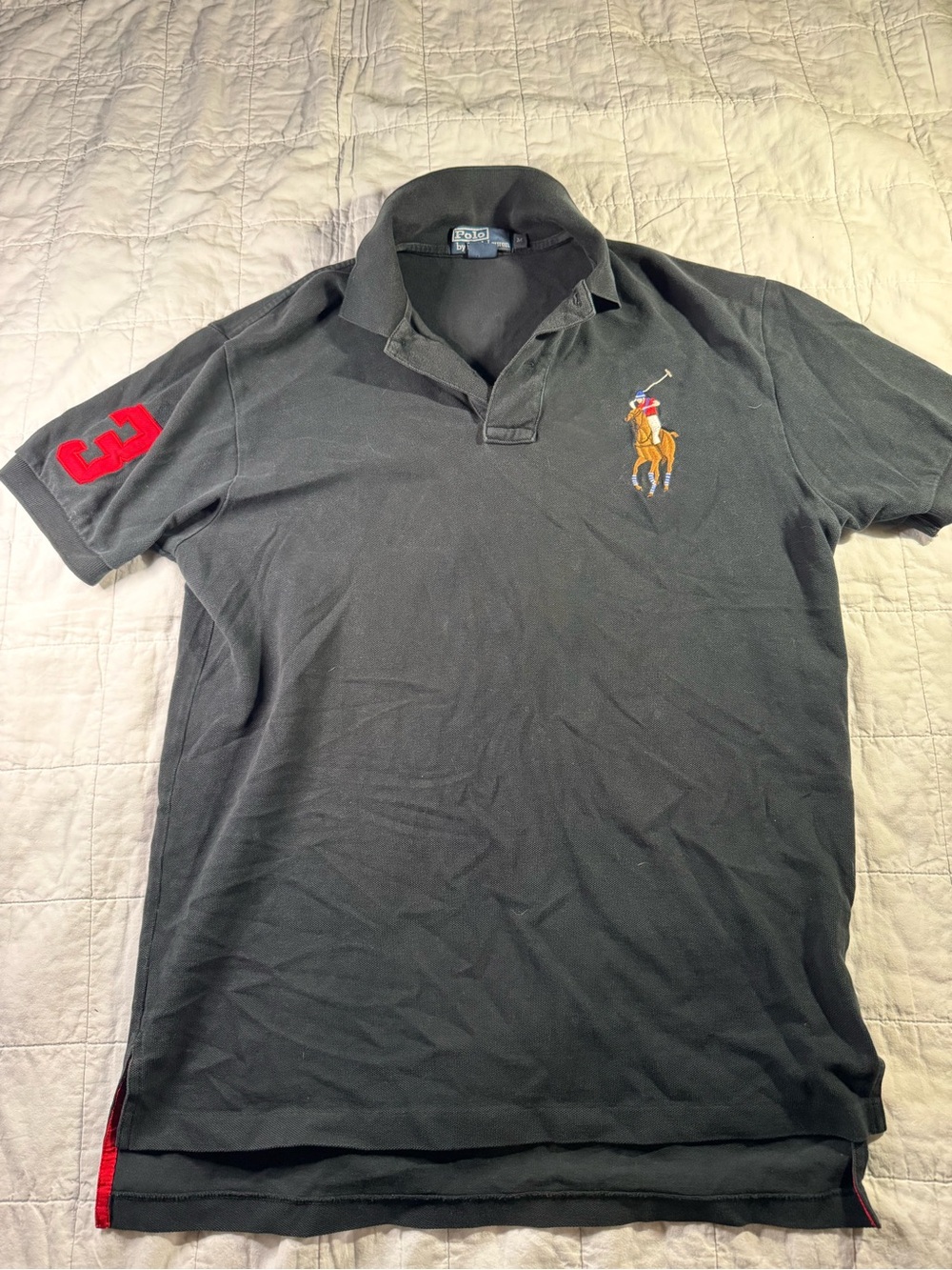 Ralph Lauren Black Polo with Red Embroidered Sleeve & Color Pony